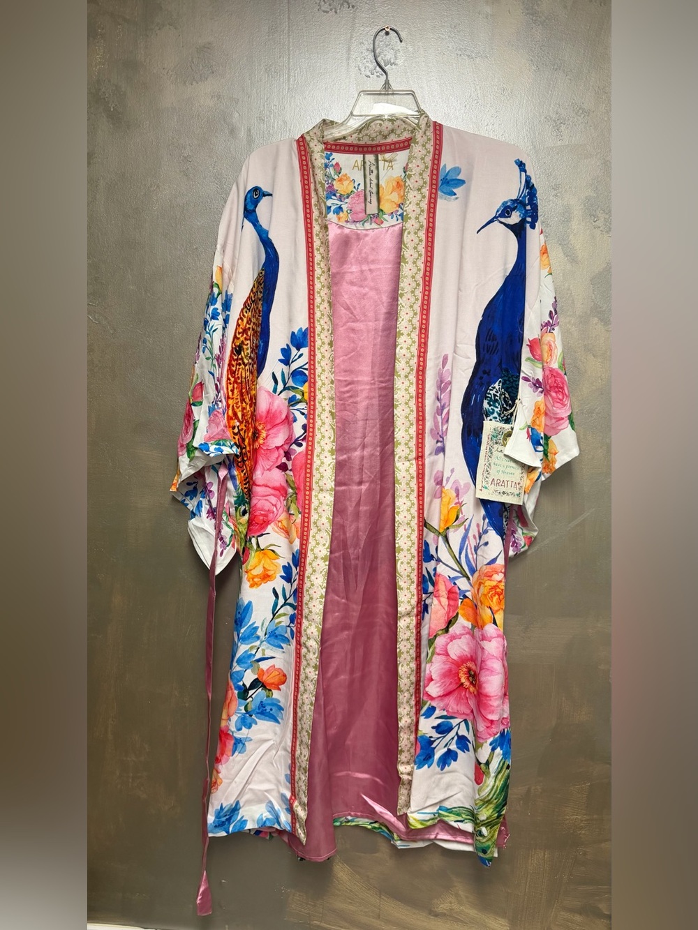 Aratta Pink Floral Peacock Kimono Robe